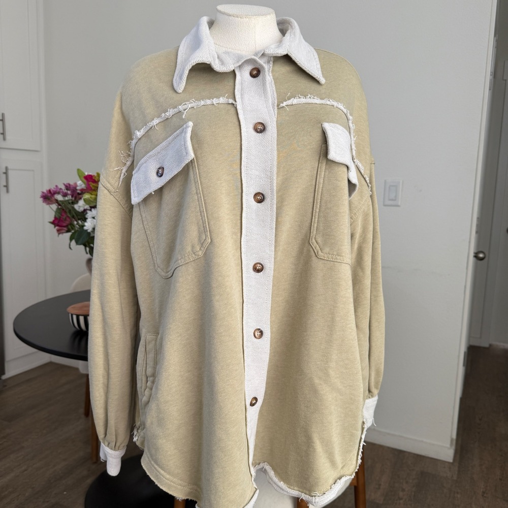 POL womens Distressed Raw Hem Button Up Shacket Jacket Small boho oversize Cream